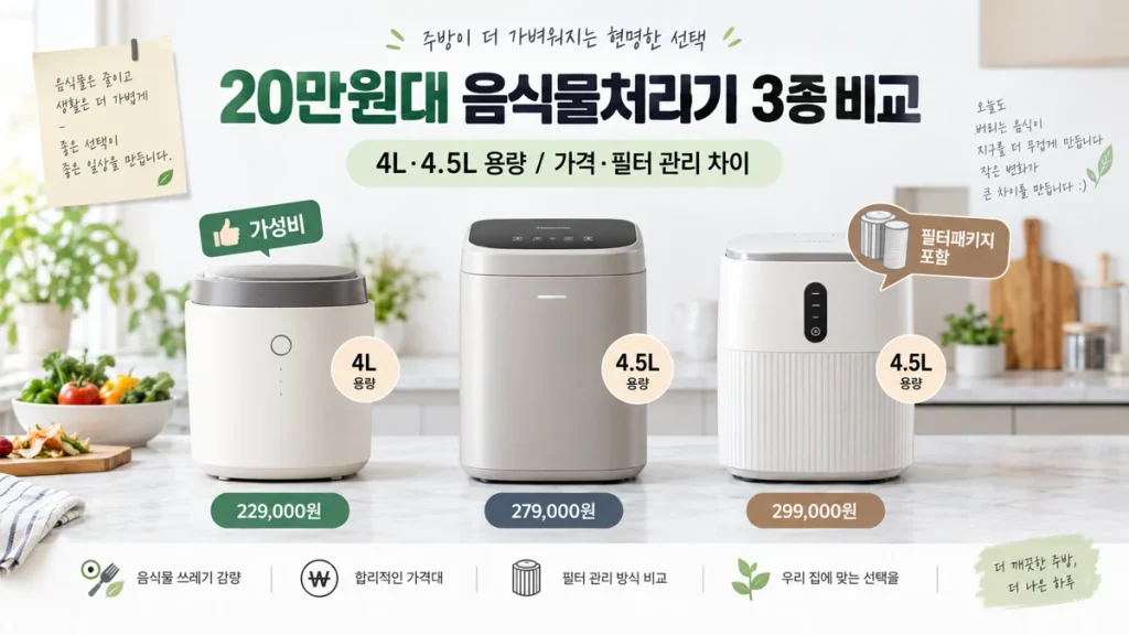 20만원대 음식물처리기 추천 3종 비교, 4L·4.5L 용량과 가격·필터 관리 차이