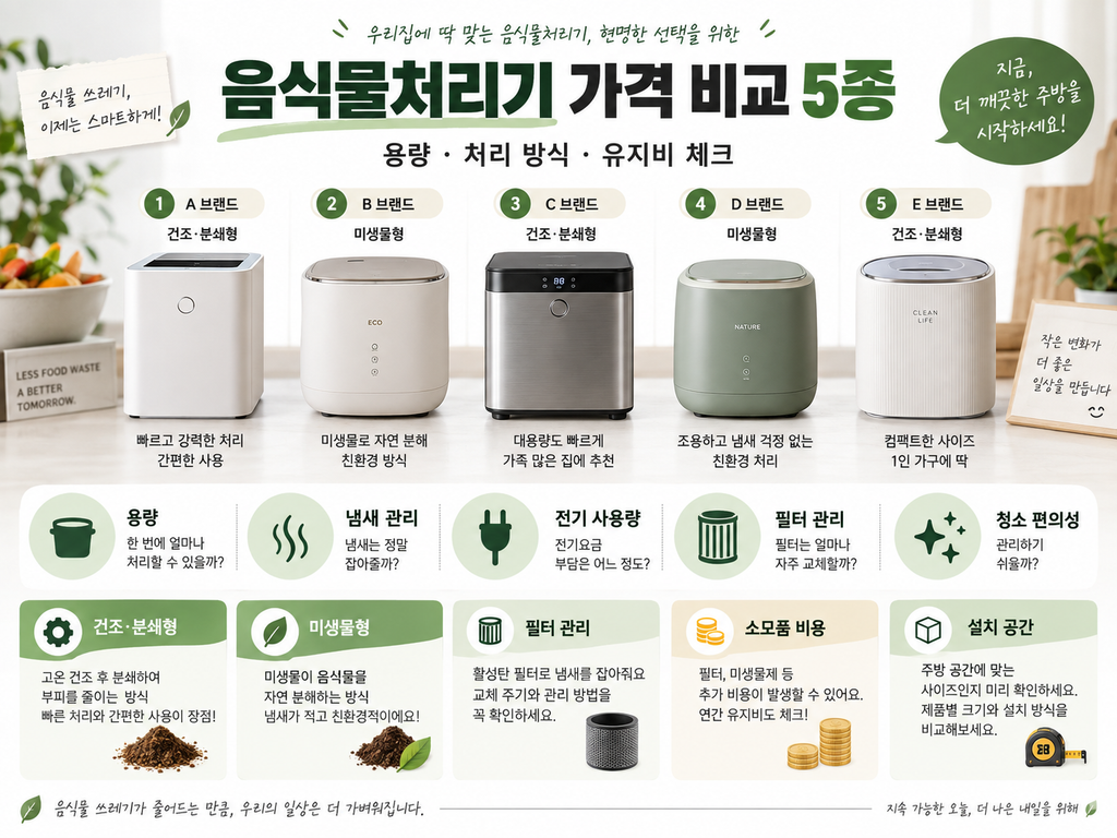 음식물처리기 추천 5종 가격 비교, 용량·처리 방식·유지비 선택 가이드