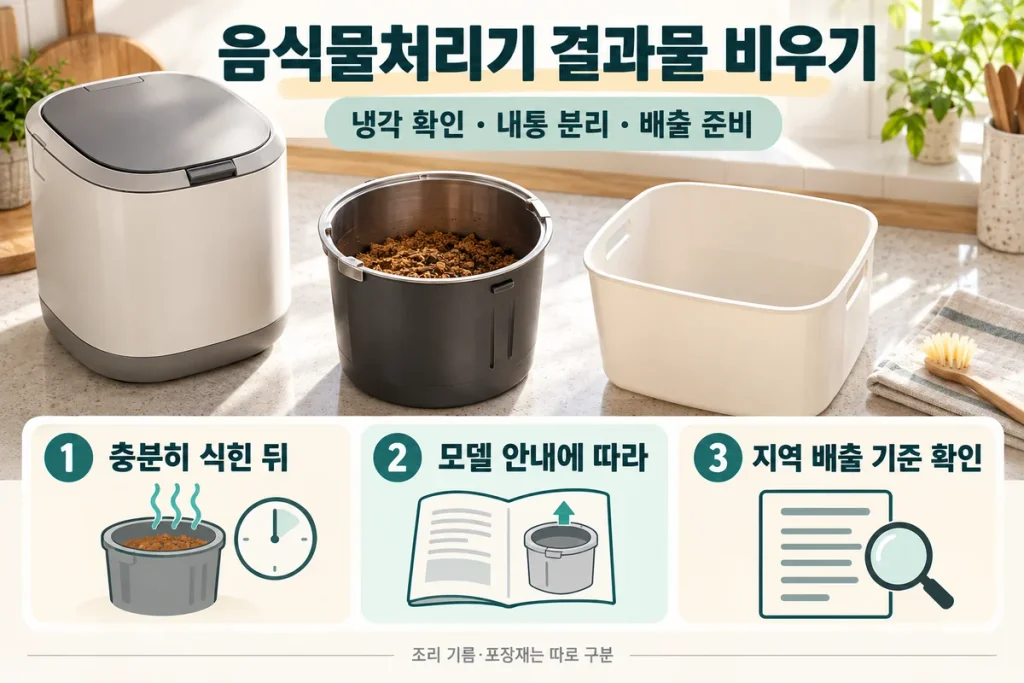 건조분쇄형 음식물처리기 결과물 비우는 법, 내통 분리·옮겨 담기·배출 준비