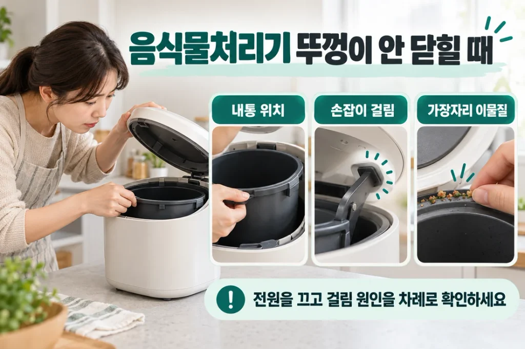 음식물처리기 뚜껑이 안 닫힐 때, 내통·손잡이·가장자리 확인