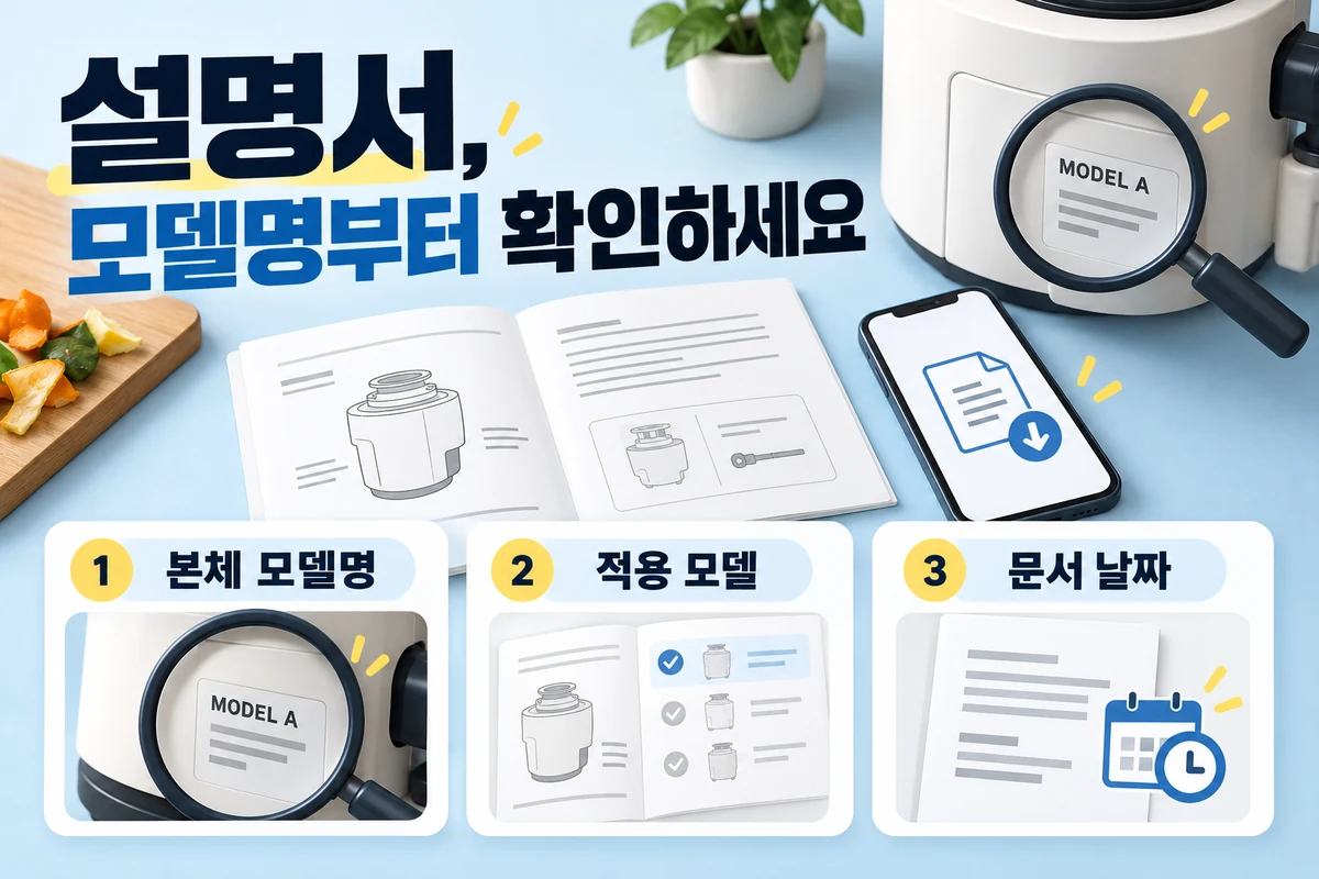 음식물처리기 설명서의 본체 모델명·적용 모델·문서 날짜 확인 안내