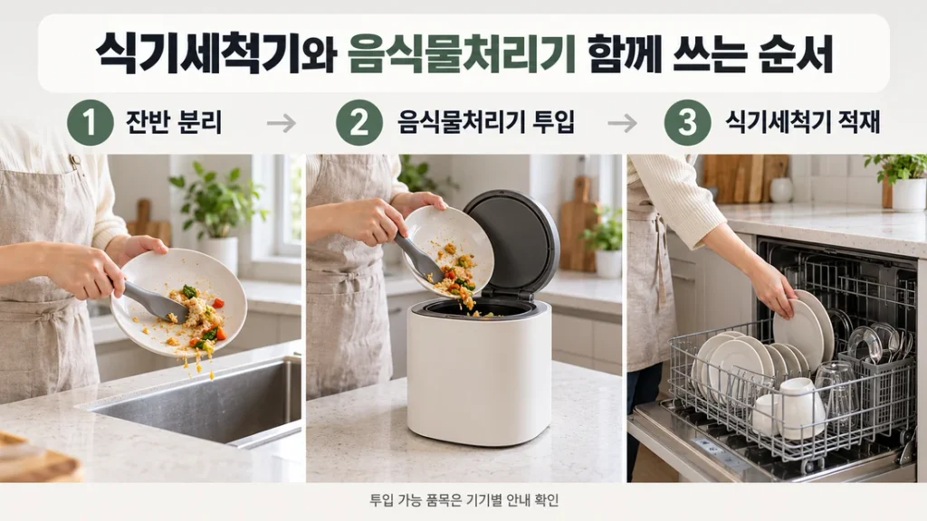 식기세척기와 음식물처리기 함께 쓸 때, 잔반 분리와 투입 순서 정리