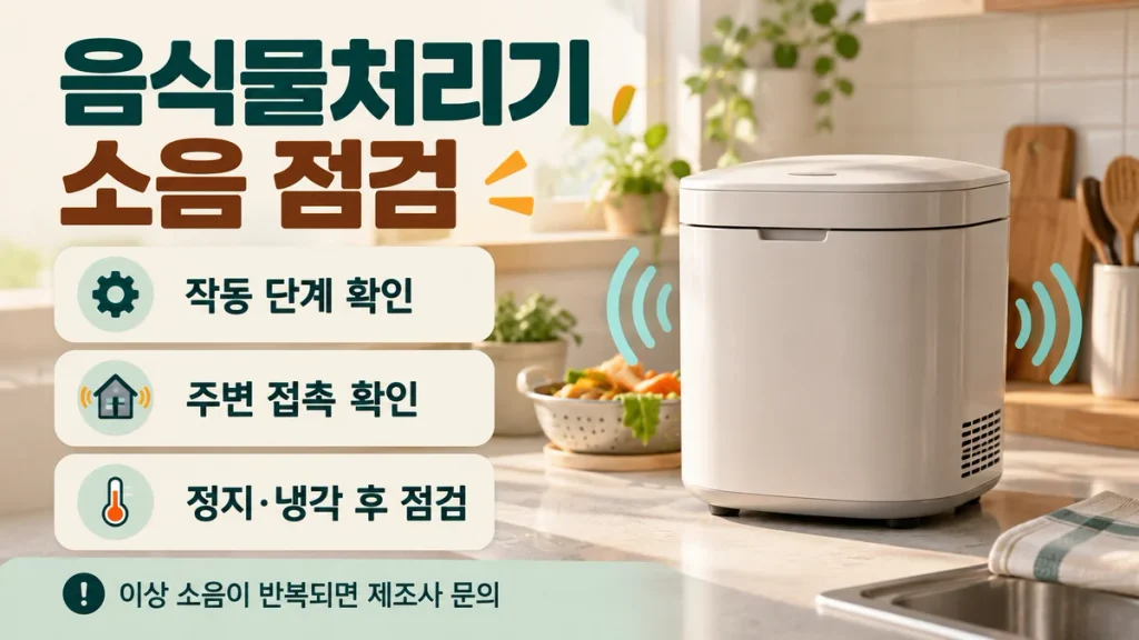 음식물처리기 소음이 갑자기 커졌을 때, 작동 단계·주변 물건·내통 장착 확인 순서
