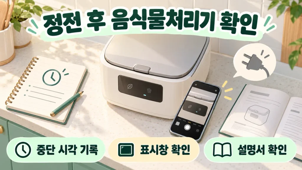 음식물처리기 작동 중 정전됐을 때, 전원 복구 후 표시창·내통·재시작 확인 순서