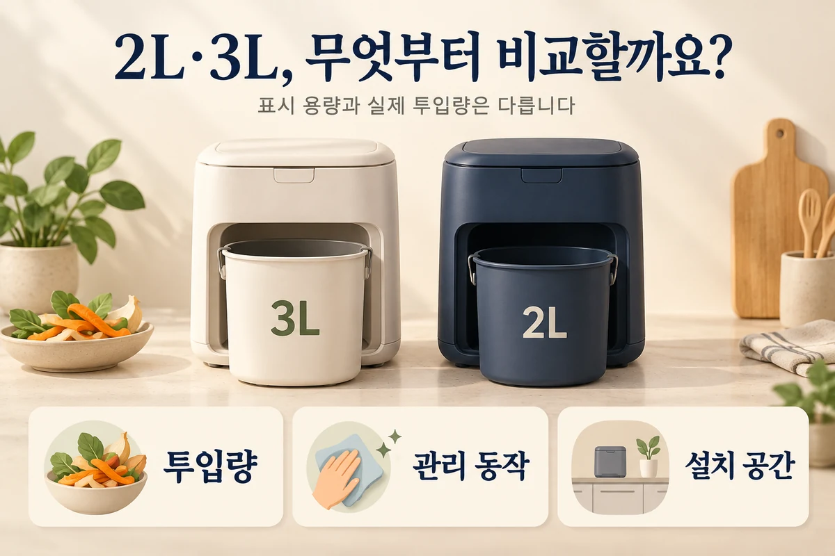 2L와 3L 음식물처리기의 투입량·관리 동작·설치 공간 비교 개념 이미지