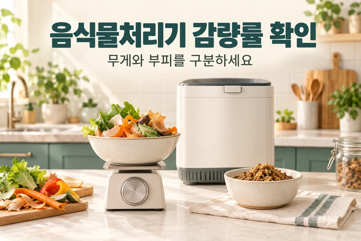 음식물처리기 감량률 측정에서 무게와 부피를 구분하는 주방저울과 결과물 예시