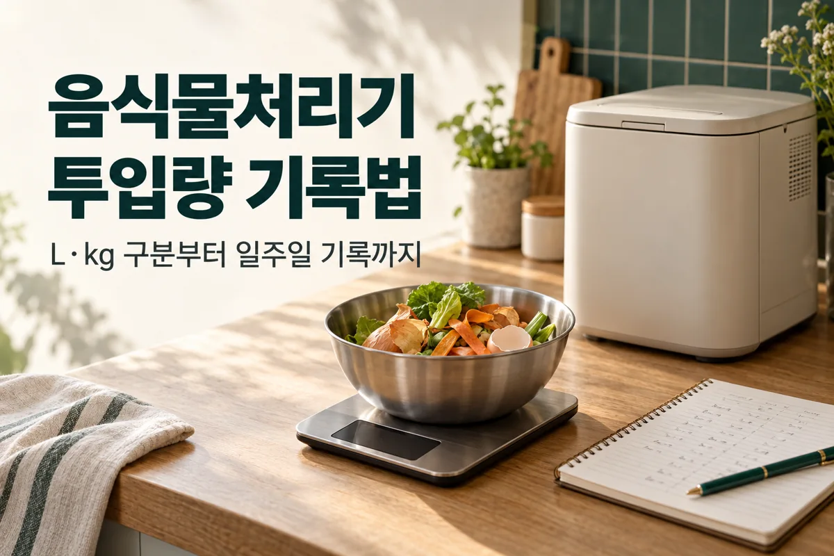 주방저울 위 음식물 분류용 용기와 기록 수첩으로 설명하는 음식물처리기 투입량 기록법
